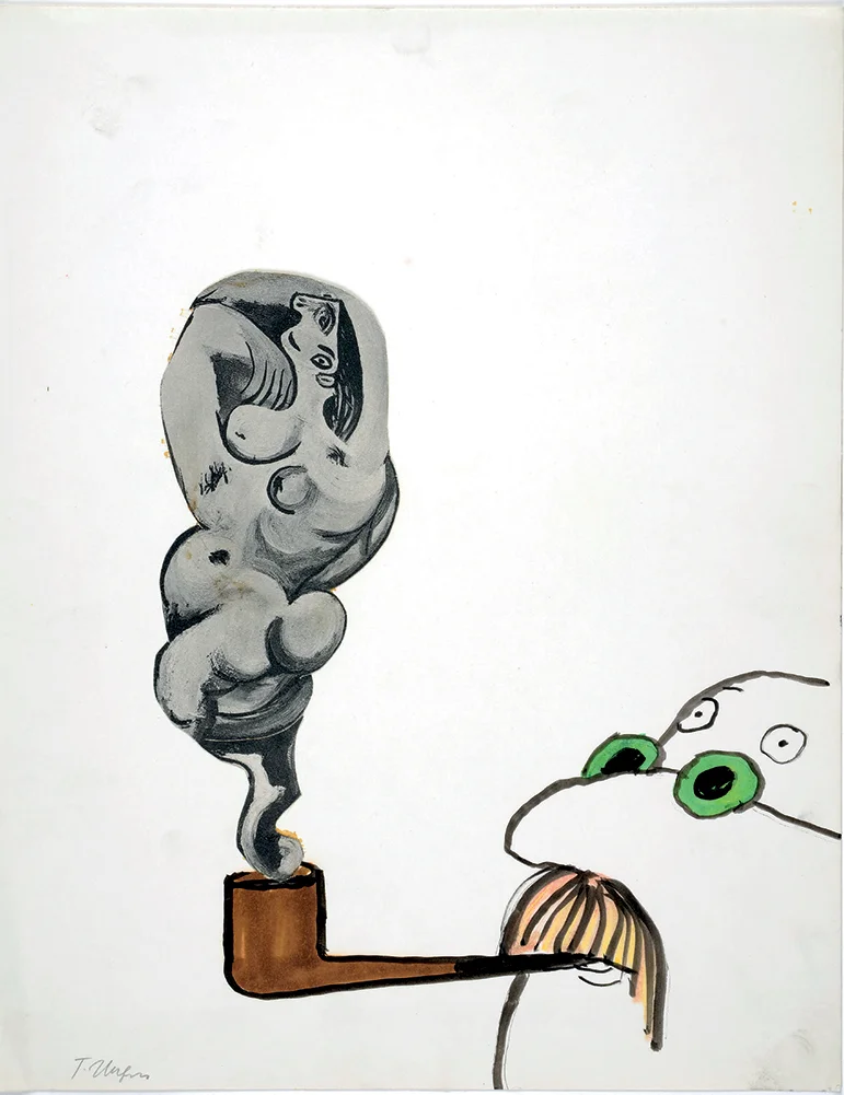 UNTITLED 1960, India ink and photo-collage detail of Picasso painting on paper, 13.8 x 10.9 inches ©Tomi Ungerer/Diogenes Verlag AG, Zürich. Courtesy of Musées de la Ville de Strasbourg/Mathieu Bertola