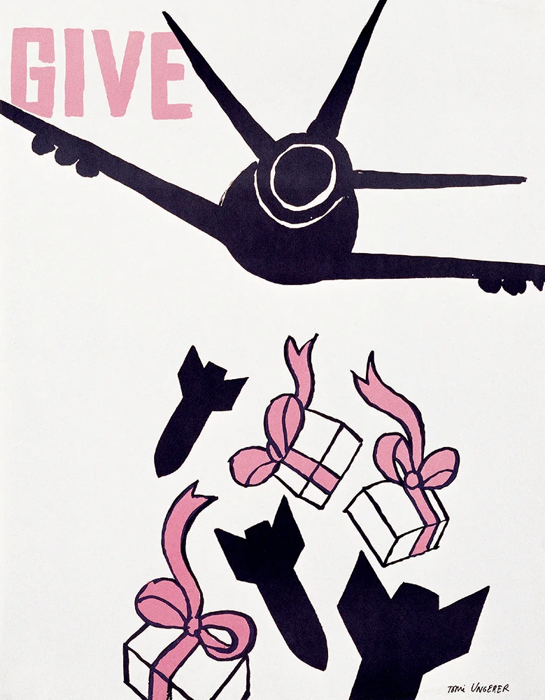GIVE 1967, from a rejected series of posters commissioned by Columbia University, India ink on paper, 26.7 x 20.8 inches