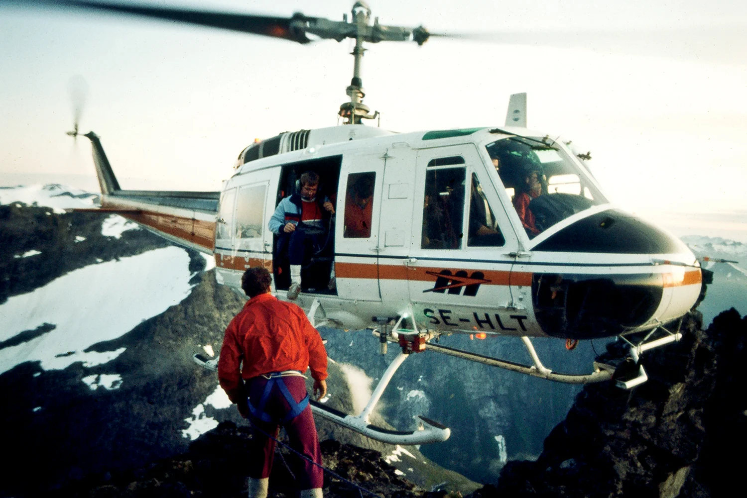 Depositing the film crew on the long summit ridge of the Troll Wall (Trollveggen, Romsdalen Valley, near Åndalsnes, Norway), during the world record BASE jump by Jean and Carl Boenish.