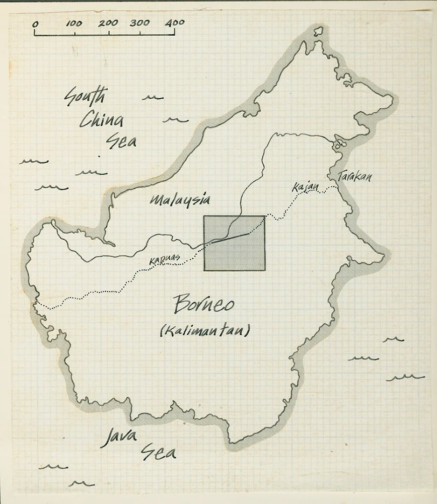 Map showing the 300-mile-long blank on the map (long-since filled in with satellite images) during the Great Borneo Traverse in 1982.