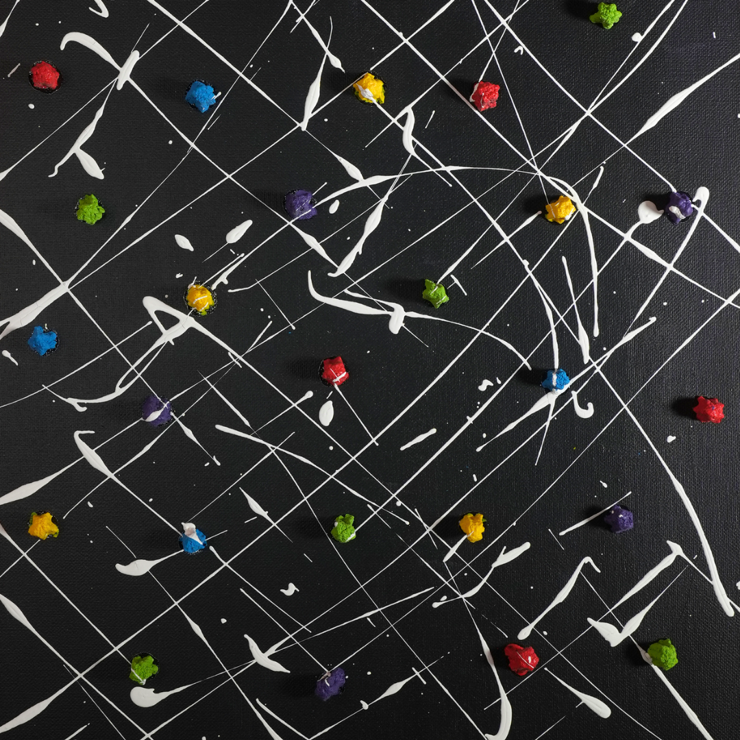 Crazy Dots 2 - Abstract art painting with multicolored paint styrofoam and white splashes on a black canvas.