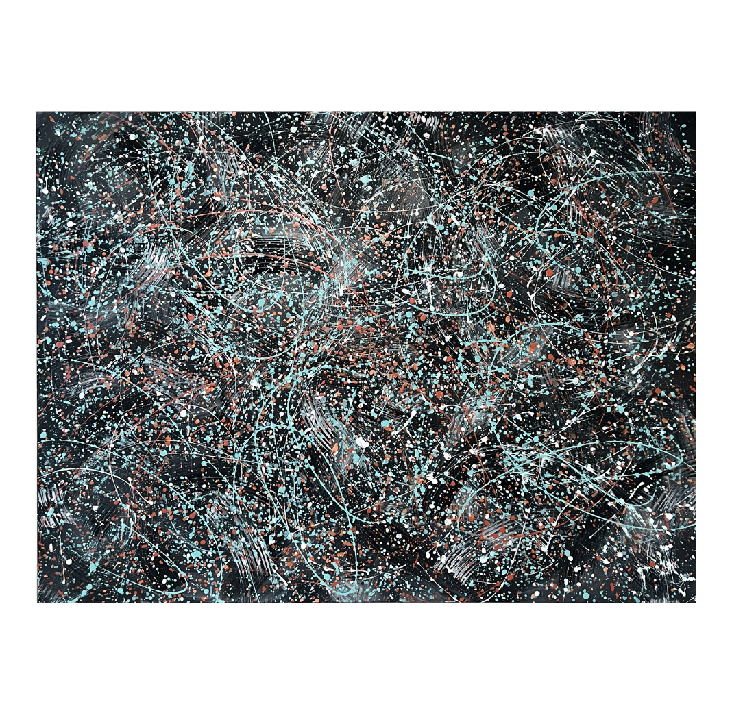 Winter Storm - Abstract painting on a black background with multicolored splatters and streaks in white, blue, and orange.