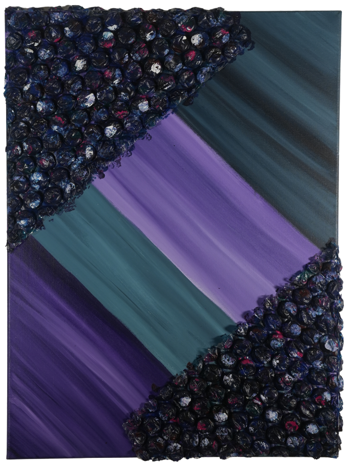 Space Bubbles 1 - Abstract painting with background in shades of lilac and dark green, and bubble wrap in dark purple colors