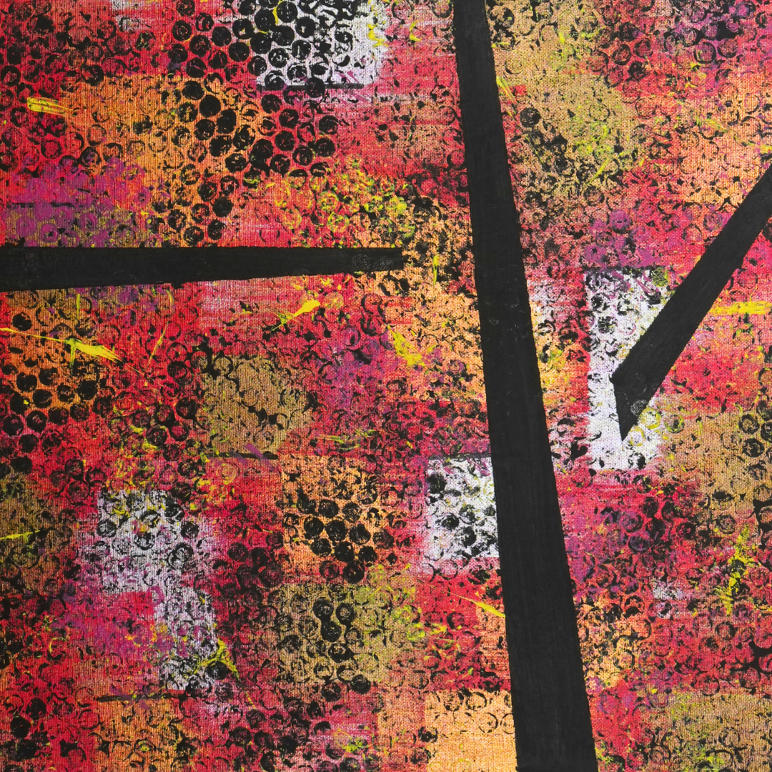Road Kill - Colorful, abstract painting featuring splatters and dots of pink, orange, yellow, purple, and black with bold black lines crossing the canvas.