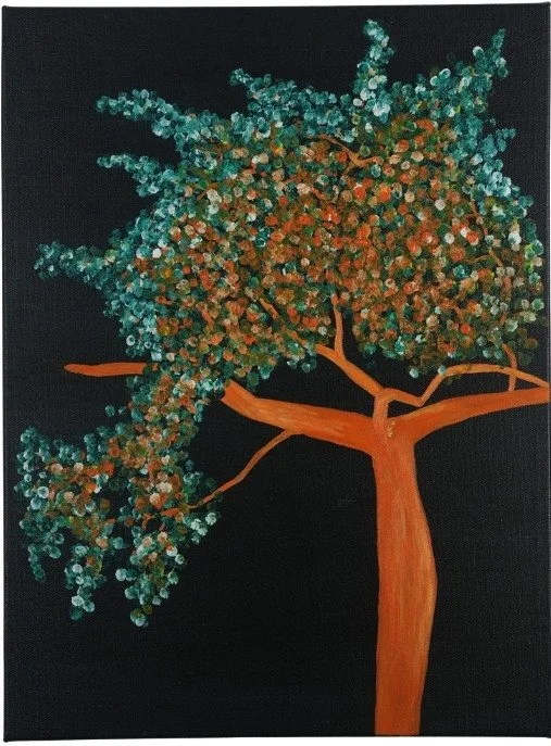 Enchanted Tree - Orange - Painting with an orange tree on a black background. Each leave accentuated individually in shades of orange and green.