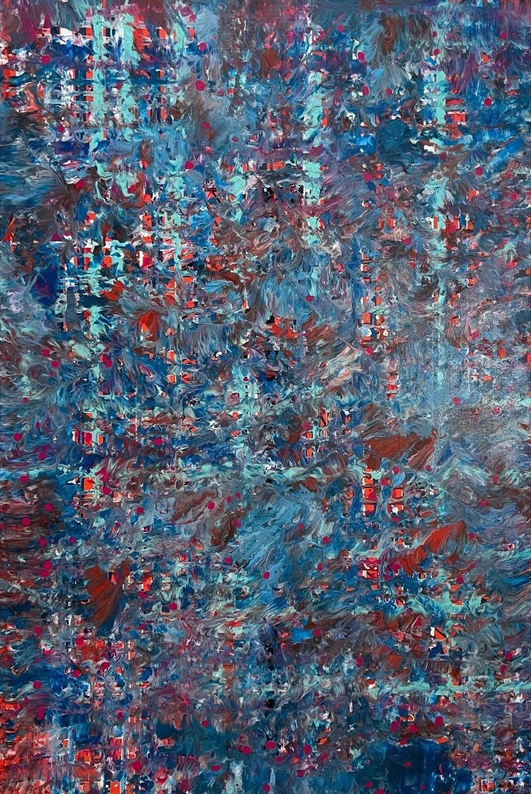 Powerlines - Fluid art painting in shades of blue and red forming crossing lines across the canvas.
