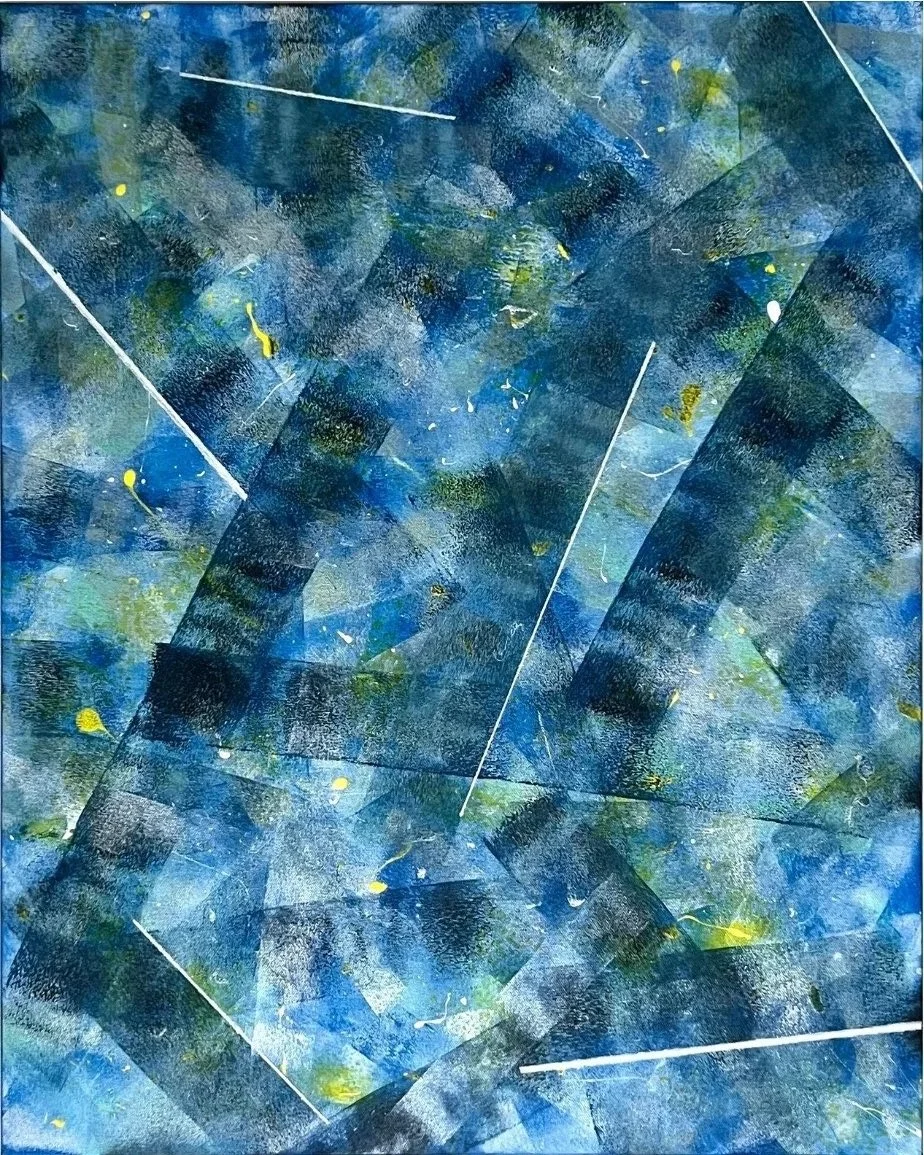 Ocean Crystals - Painting with sponge pattern in shades of blue and green with roller pattern in darker shades and white lines.