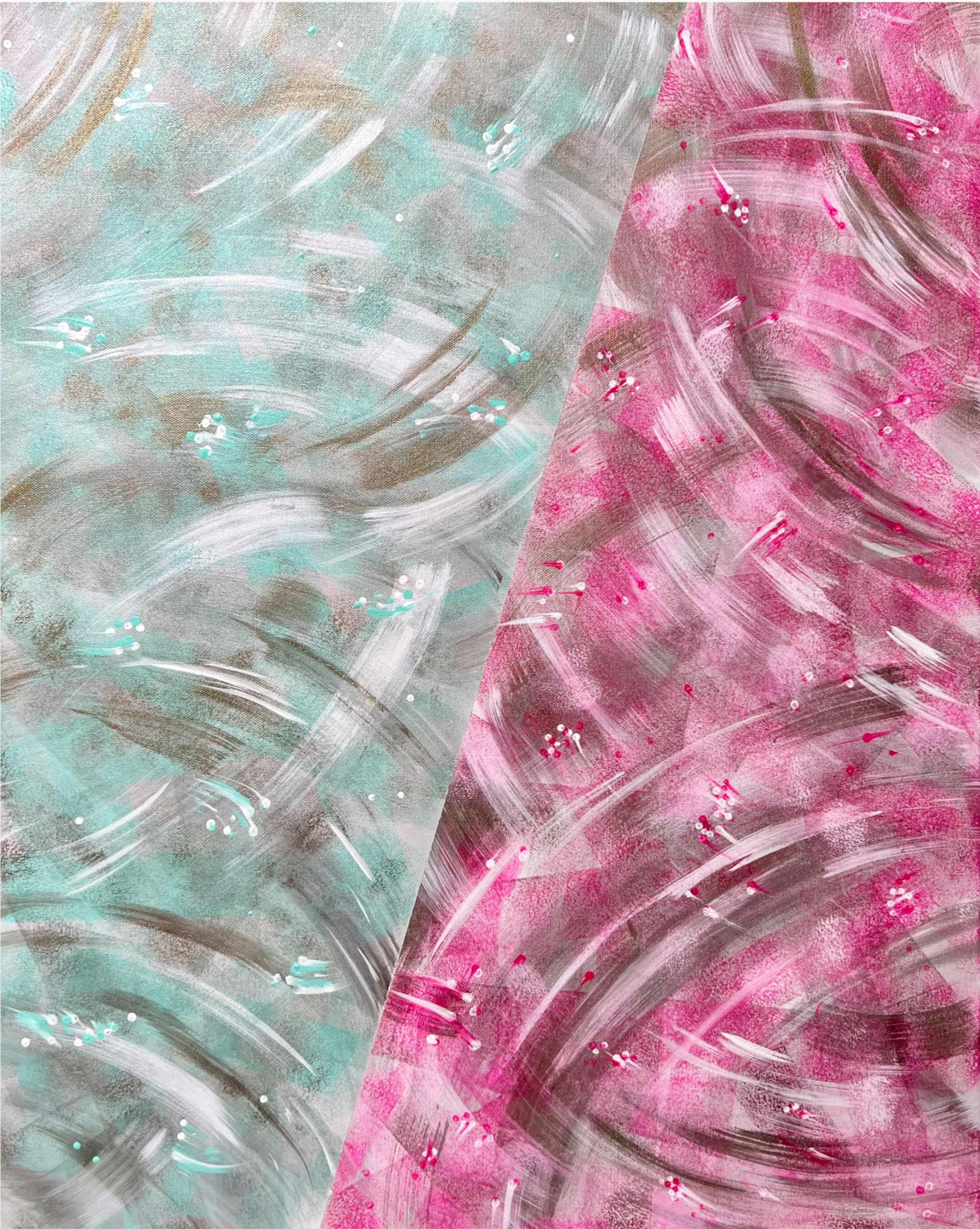 Dancers in Spring - Abstract painting split in two halfs, one in shades of turquoise, the other in shades of pink.