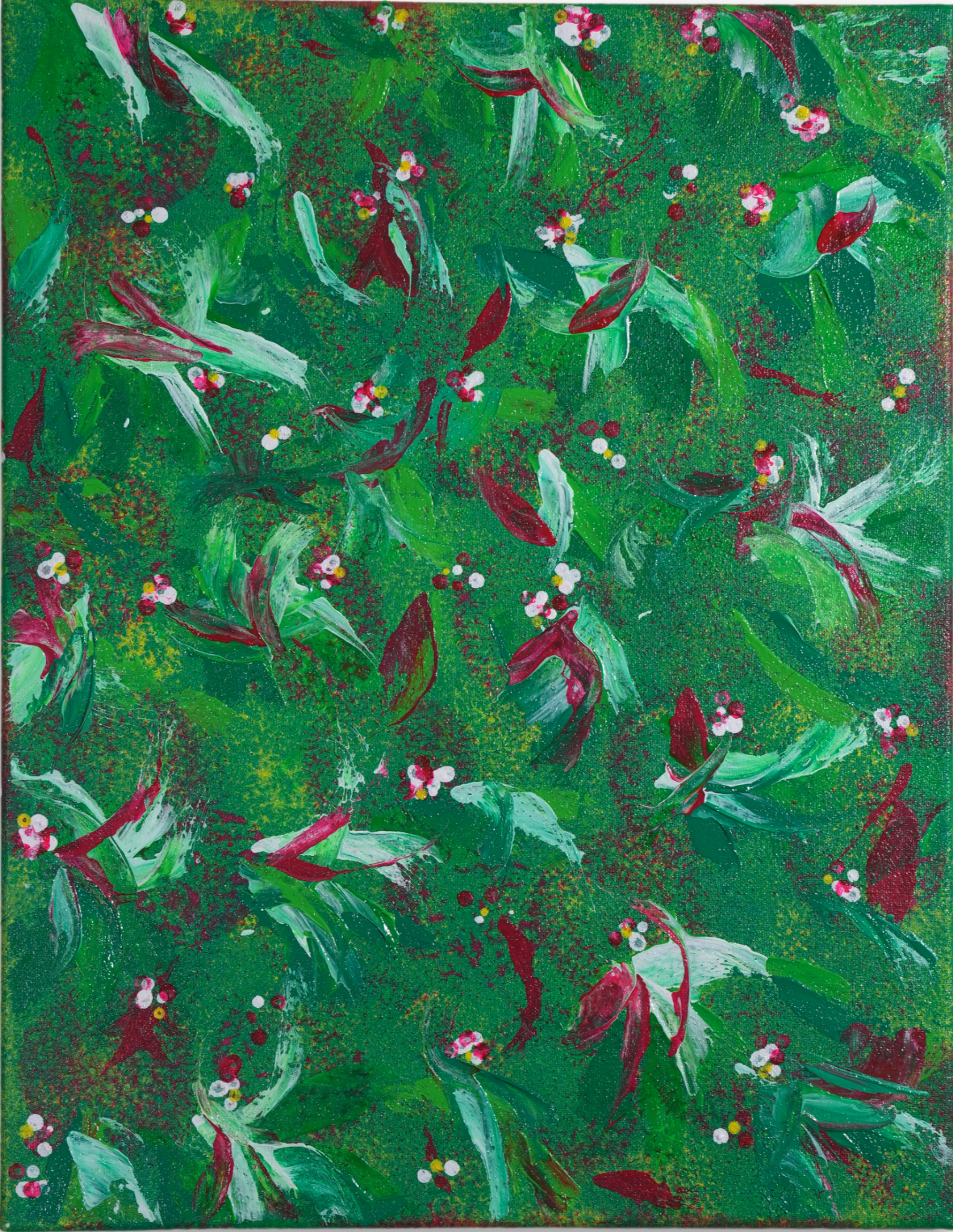 Springtime - Abstract painting with flower petal shapes in pink, green and white on a dark green background.
