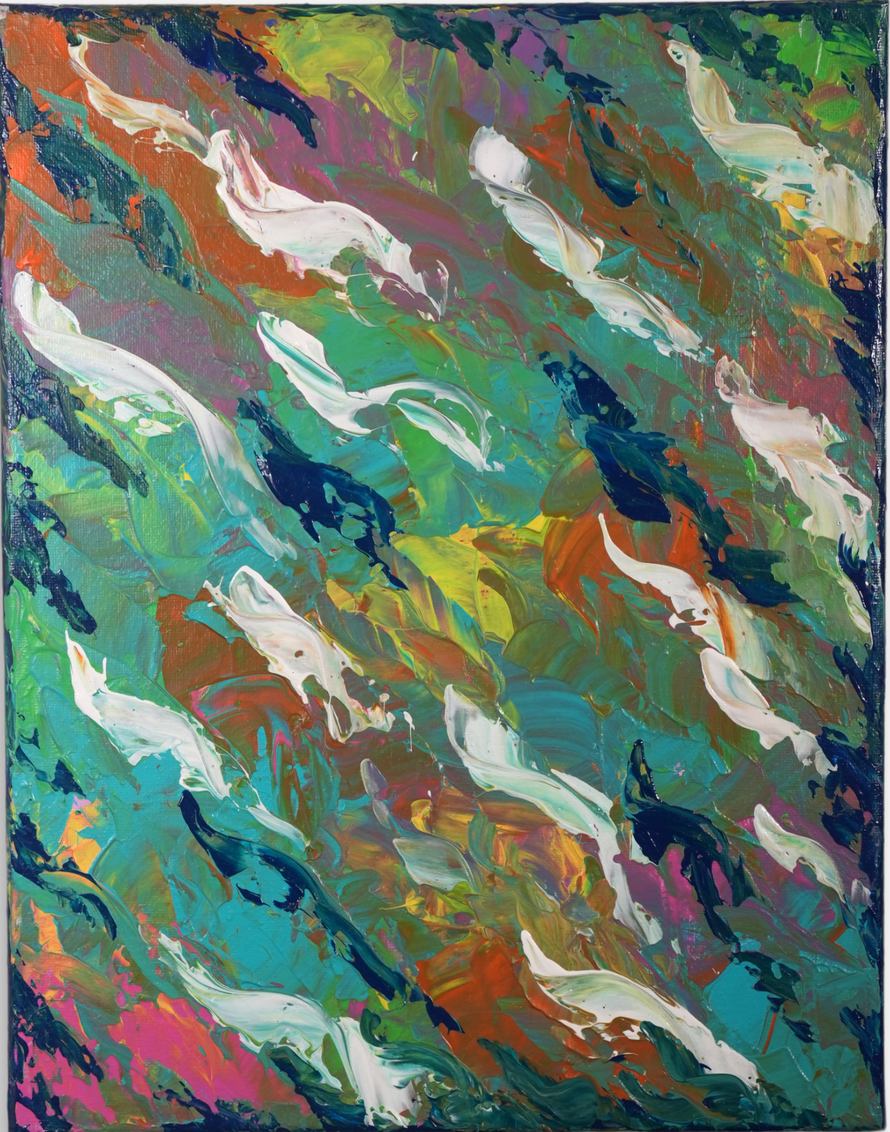 Big Waves - Abstract painting with pallet knife strokes in a diagonal pattern in turquoise, white, orange, pink and blue shades
