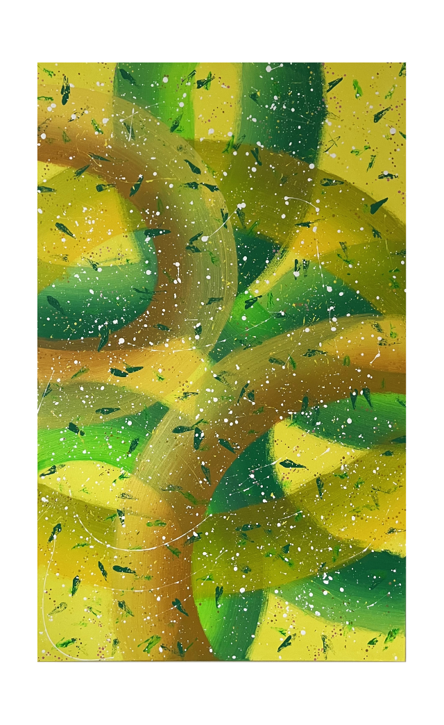 First Signs of Spring - Abstract painting with layers of half circles in shades of green and yellow with cherry blossom like dots in gold, pink and yellow and leaf like shapes in green.