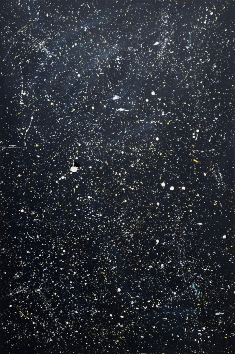 Starry Night - Painting with tiny dots and splatters in iridescent white, yellow, blue and pink, on a deep blue background.