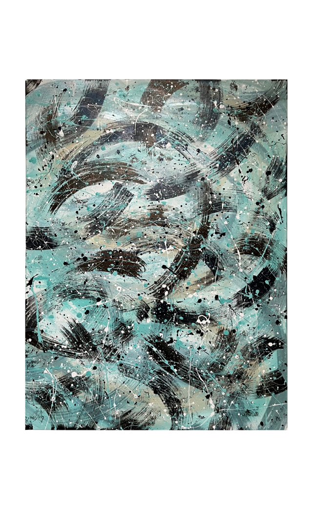 By the Beach - Abstract painting with black, white, teal, and beige colors in a chaotic swirling pattern.