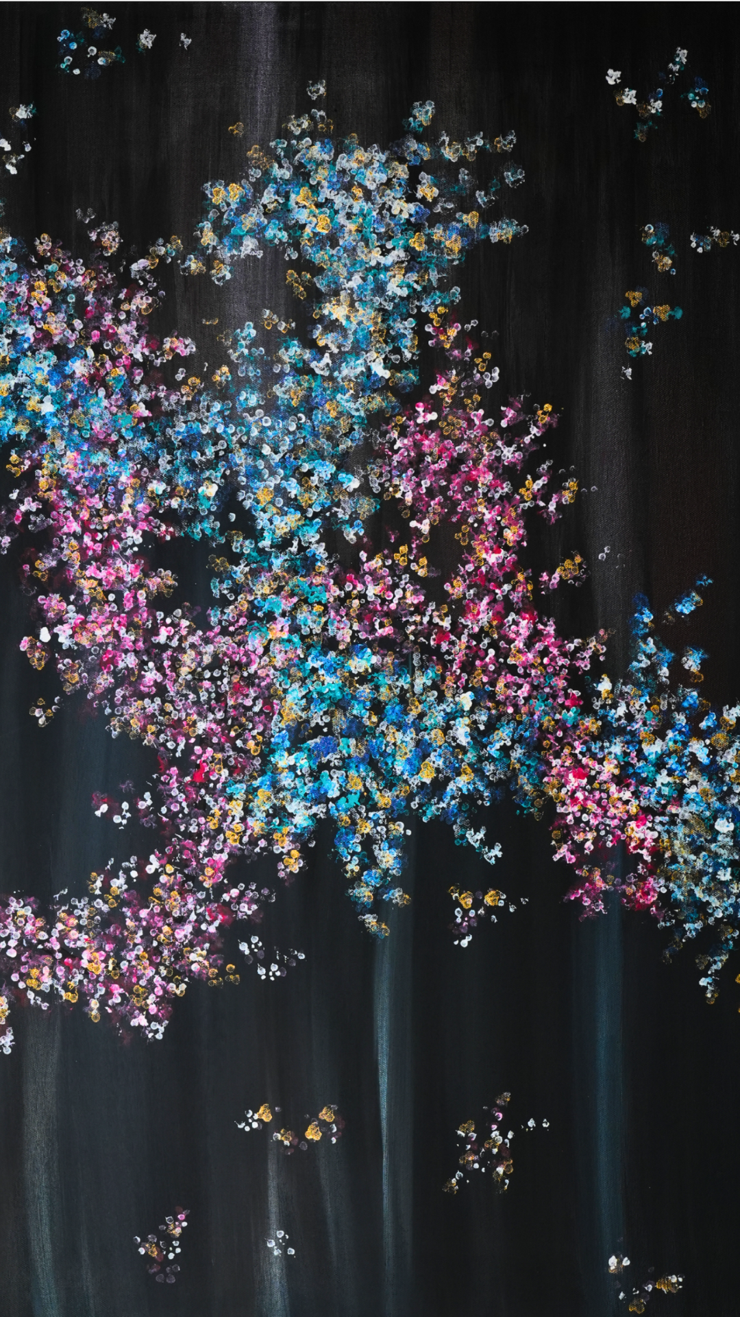 Dragons in Spring - Abstract painting of two dragons embracing on a black background, with pink, blue, white, and gold flowers.