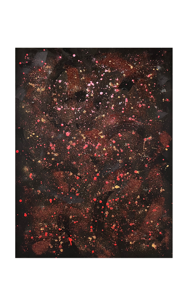 Roses - Abstract painting with crushed up rose petals and iridescent red, gold and white splatter pattern.