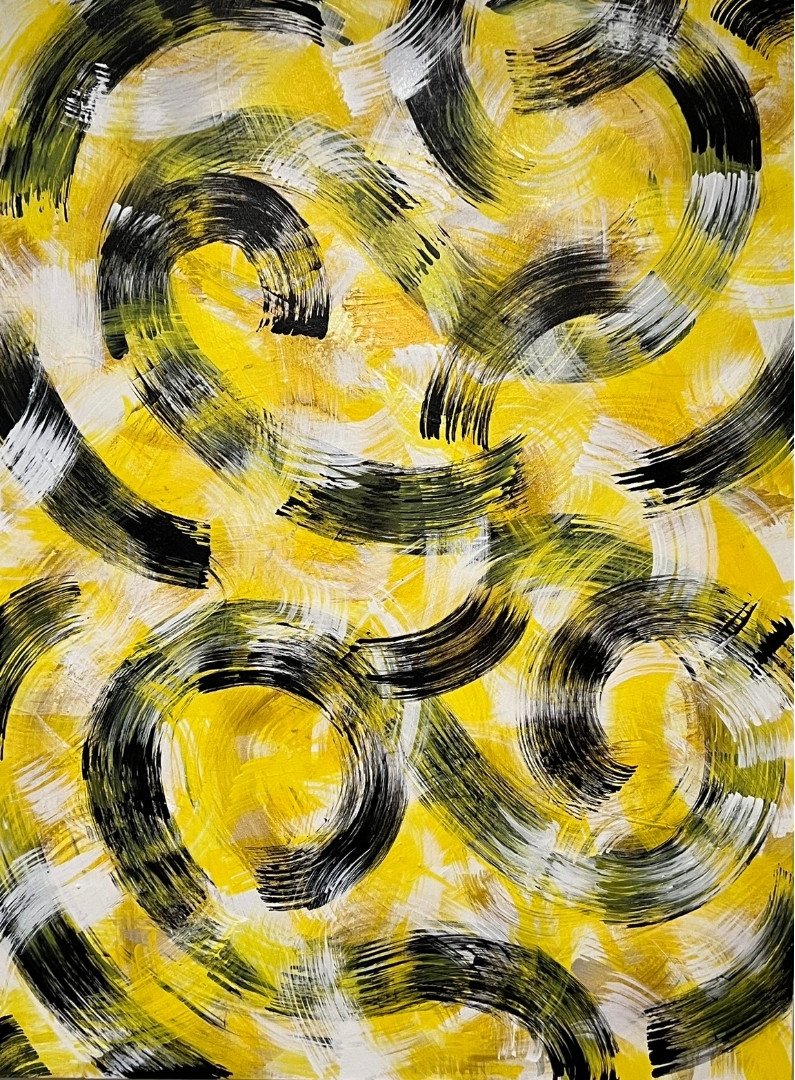 Dancers - Abstract painting with black and white circular strokes on a yellow and gold background.