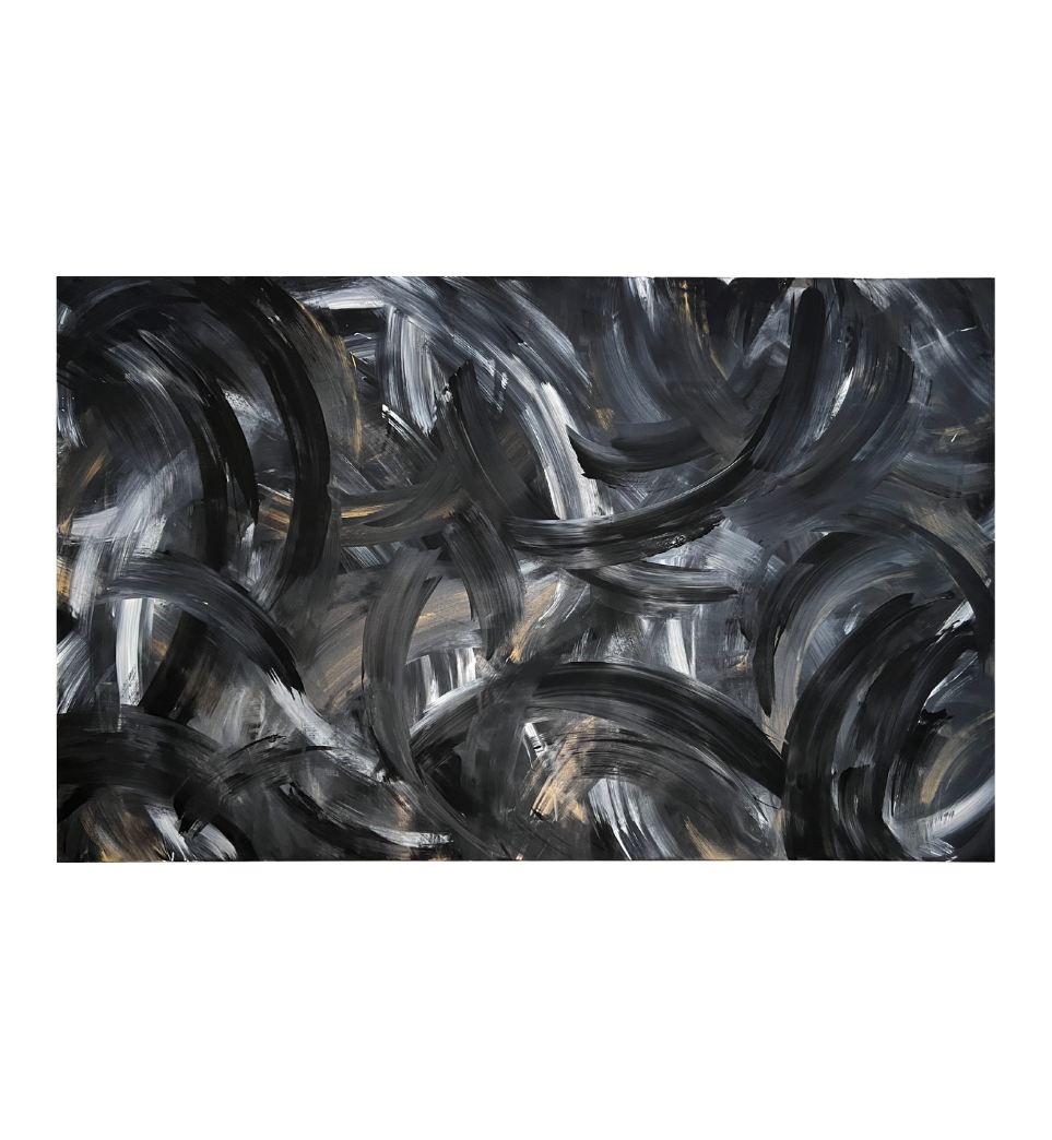 Nosferatu Energy - Abstract painting with bold, sweeping black, gray, and hints of beige brushstrokes.