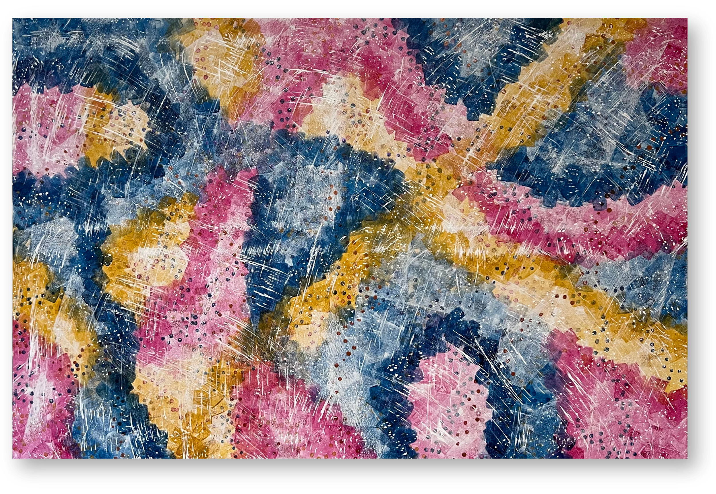 Abstract colorful painting with brush strokes in pink, blue, yellow, white, and black, featuring splatters and textured patterns.