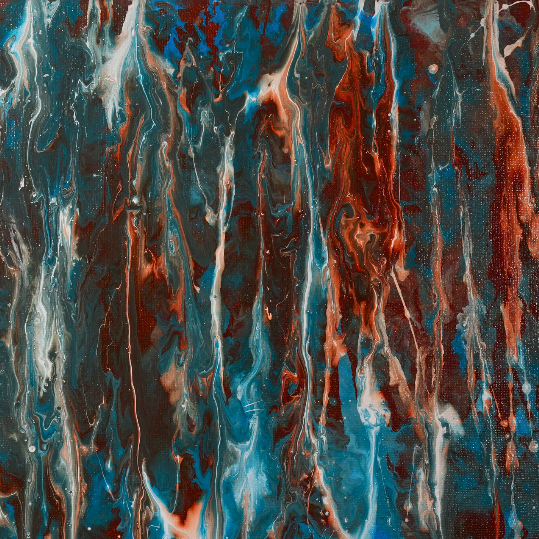 Rusty Window - Fluid abstract painting with flowing streaks of blue, red, white, and brown colors.