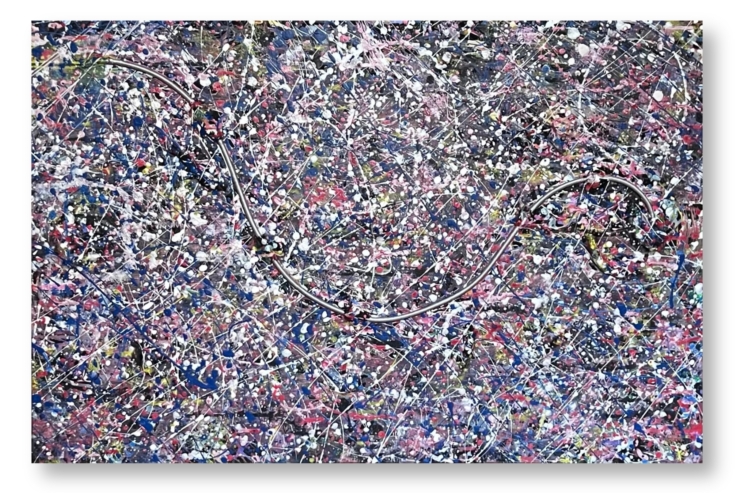 Close-up of a textured abstract painting with a dense pattern of multicolored paint splatters and thin lines, featuring metallic wire loops.