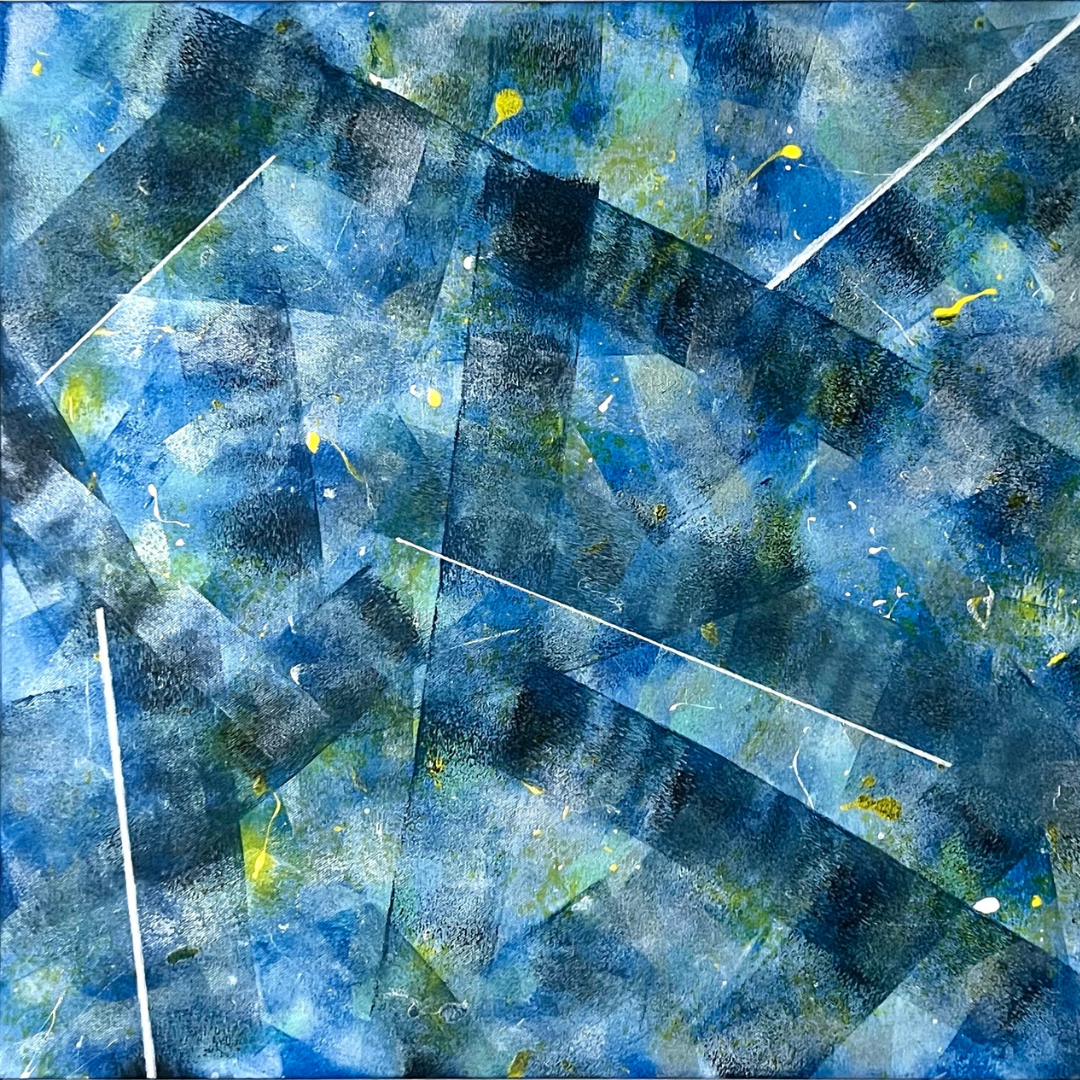 Ocean Crystals - Abstract painting with blue, green, black, and white colors, featuring intersecting lines and splashes of yellow.