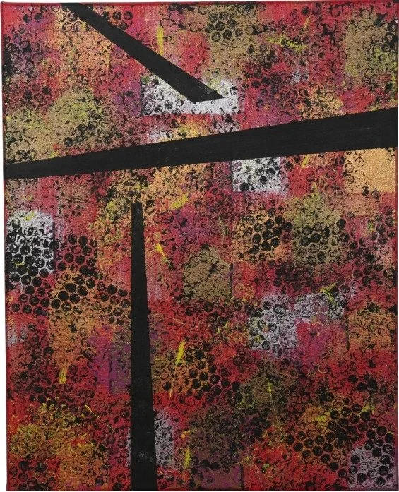 Road Construction - Sponge pattern and bubble wrap imprint in shades of red, gold, yellow, black and white, with three clear lines across the painting in black.