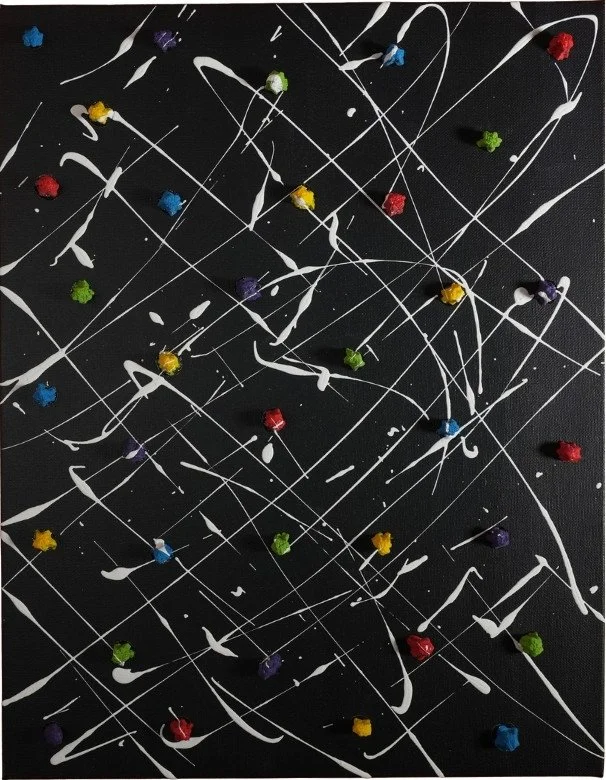 Crazy Dots 2 - Painting with colored styrofoam shapes and white streaks. 