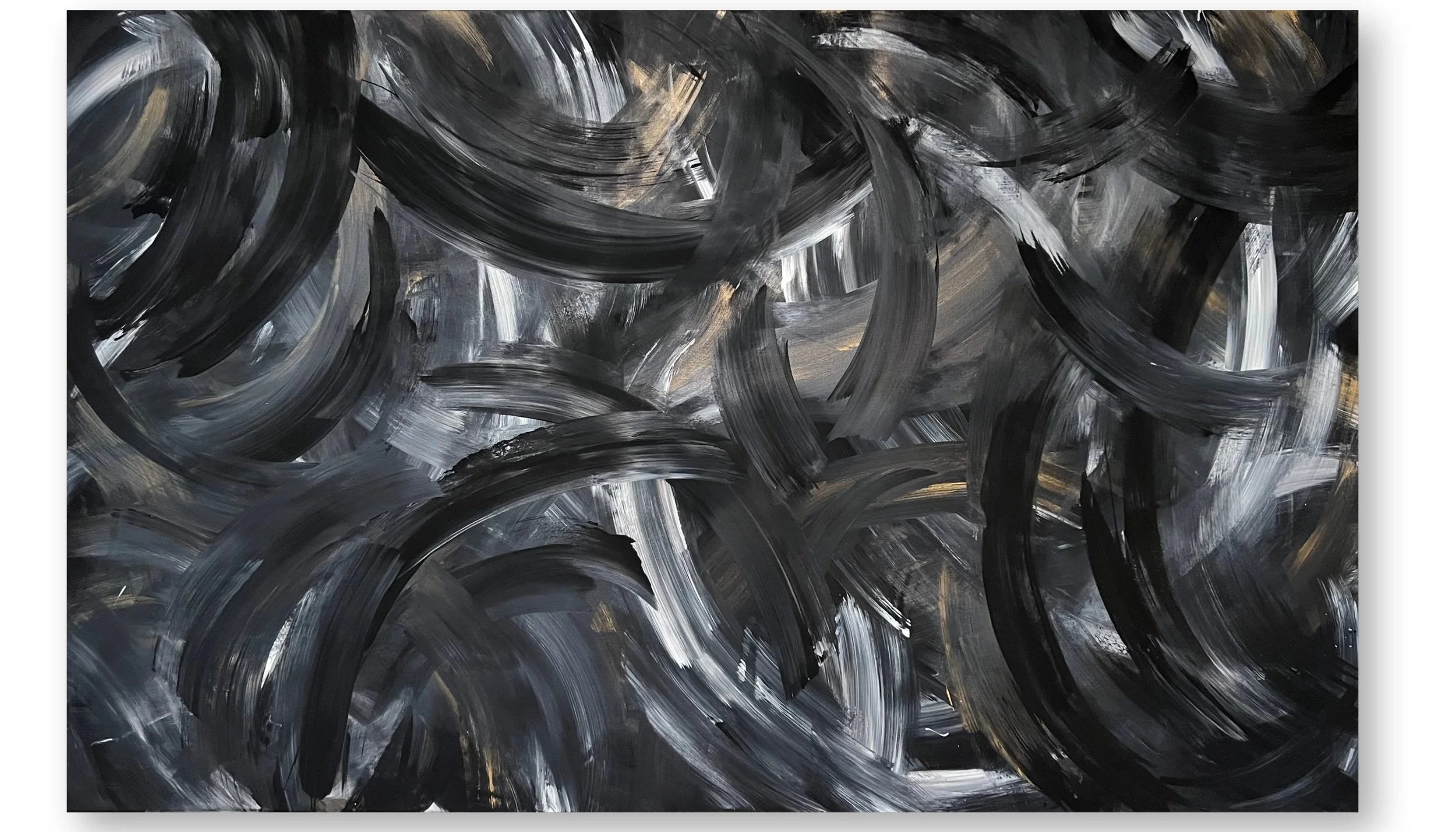 Abstract painting with bold, sweeping black, gray, and hints of beige brushstrokes.