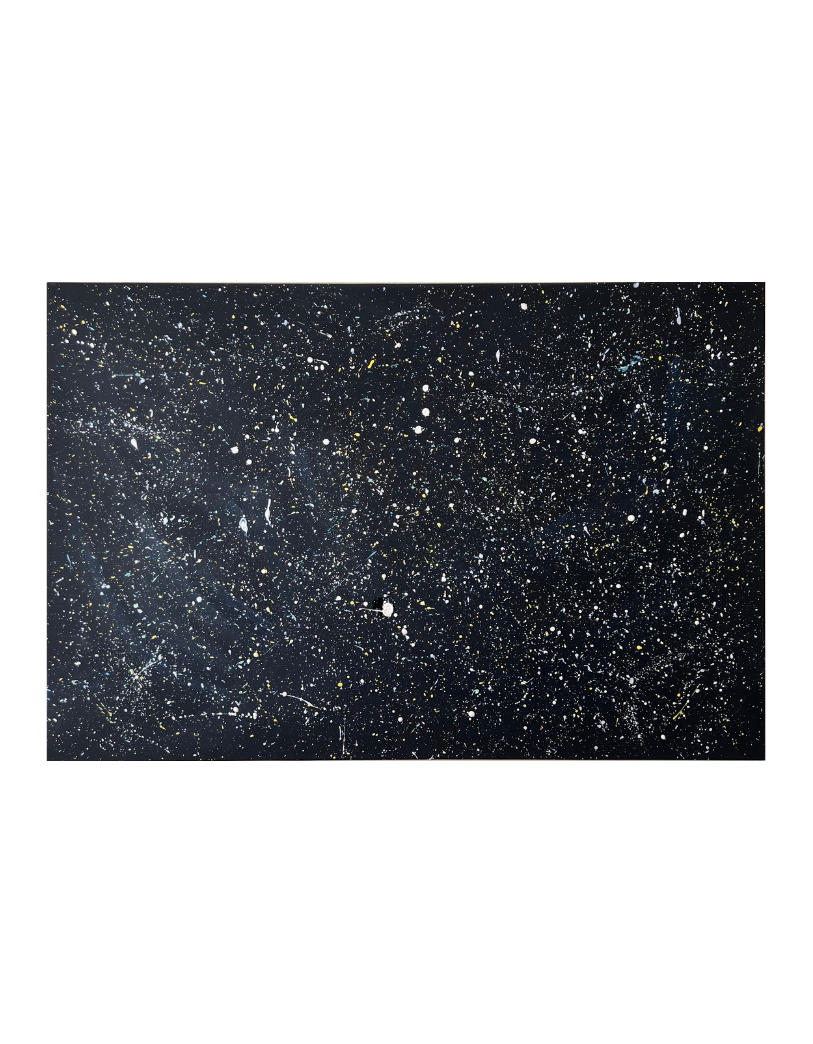 Starry Night - Painting with tiny dots and splatters in iridescent white, yellow, blue and pink, on a deep blue background.