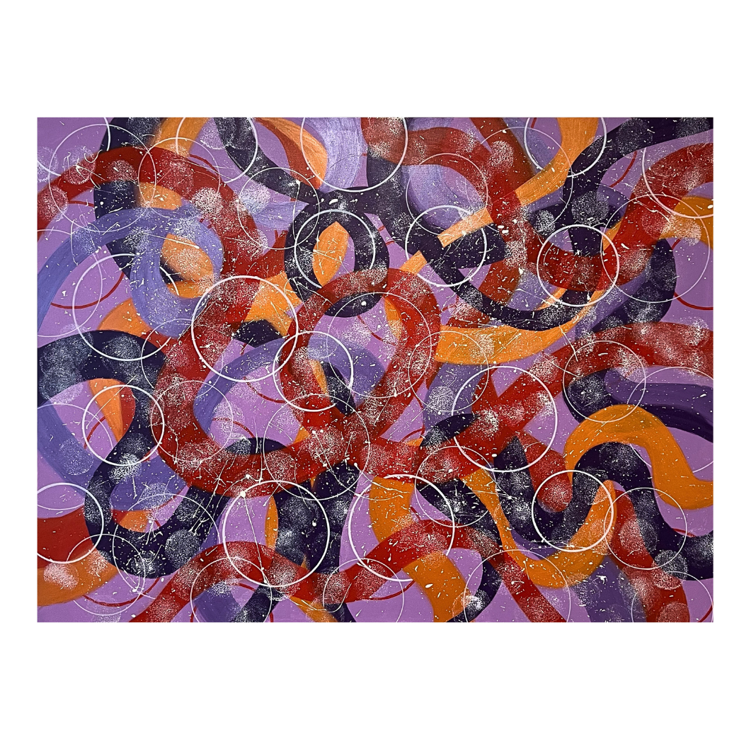 Abstract Painting - Jelly Fish - Ribbons in orange and purple with sponge dots and circle shapes in white. 