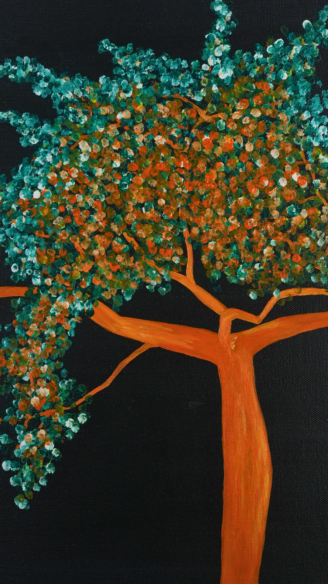 Enchanted Tree - Orange - Painting of a tree with an orange trunk and green and red foliage on a black background.