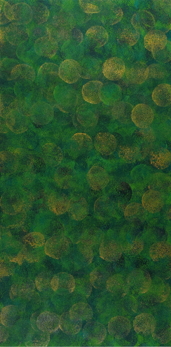Jungle - Abstract art with sponge imprints in shades of green and gold