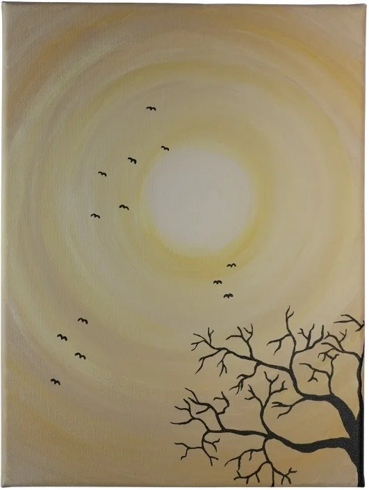 Desert sun - Painting depicting the white desert sun with a dead tree in the foreground