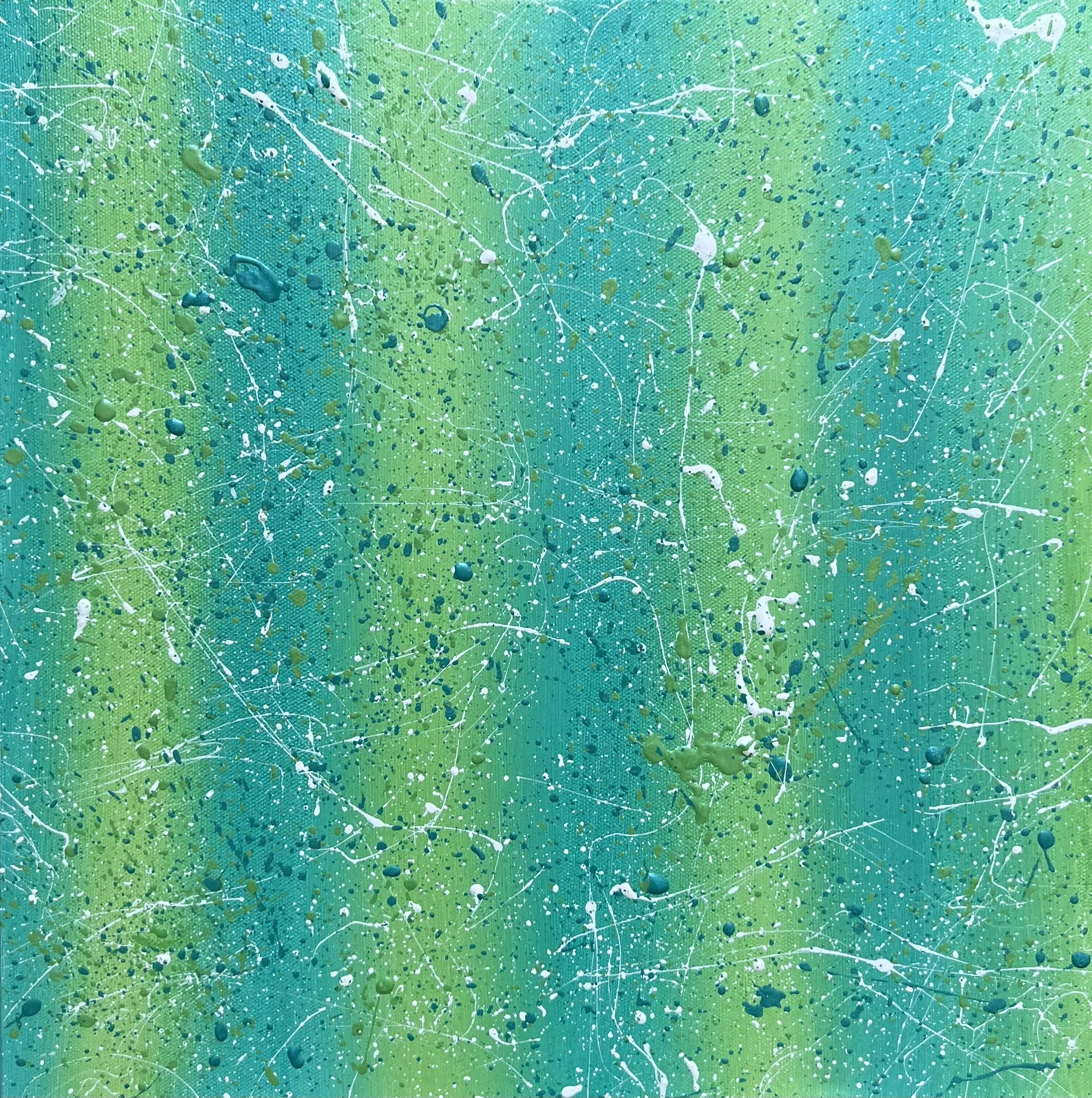 Green Ripples - Abstract painting with lines of light and dark iridescent green