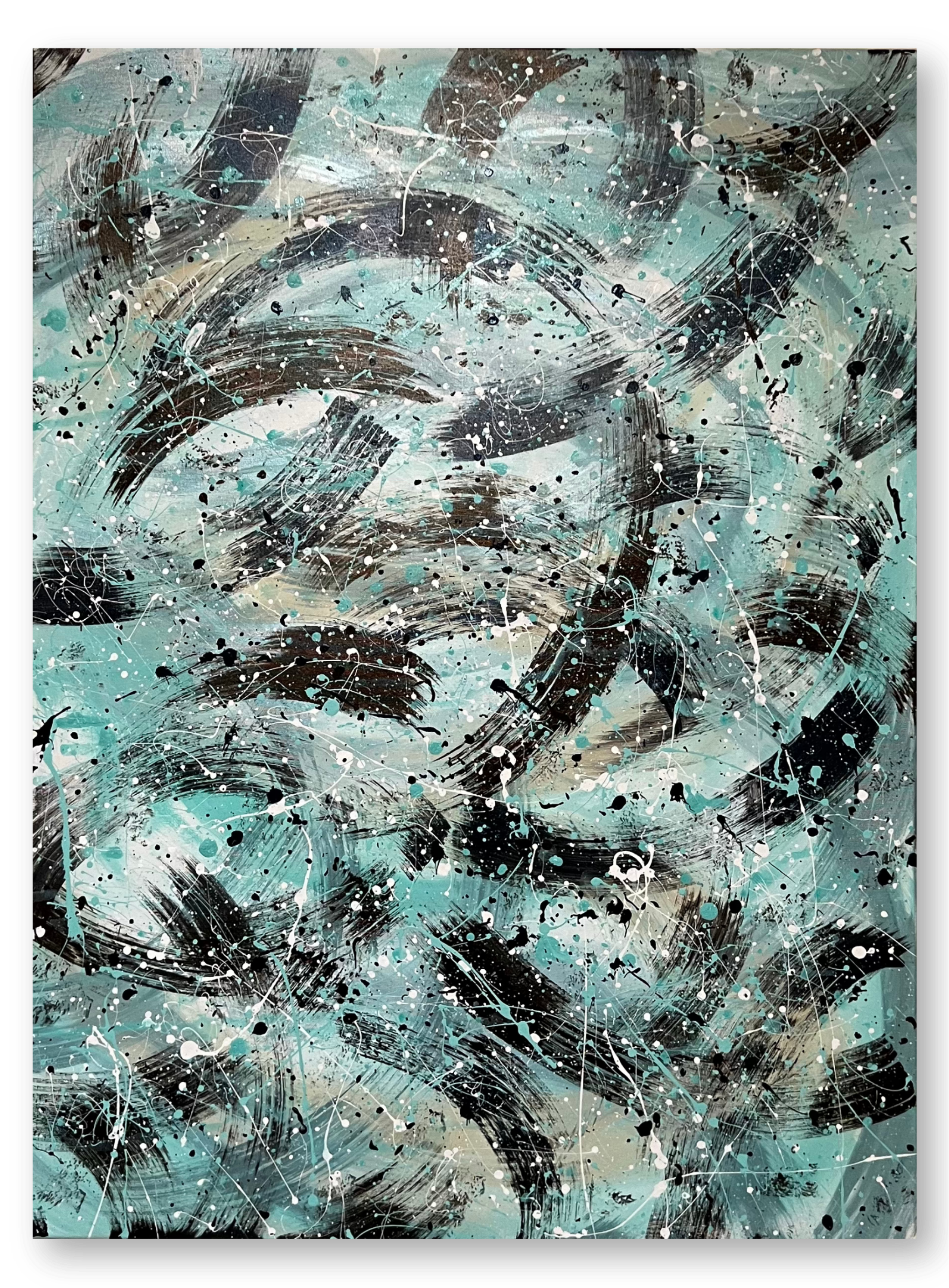 Abstract splatter paint art with black, white, teal, and beige colors in a chaotic swirling pattern.