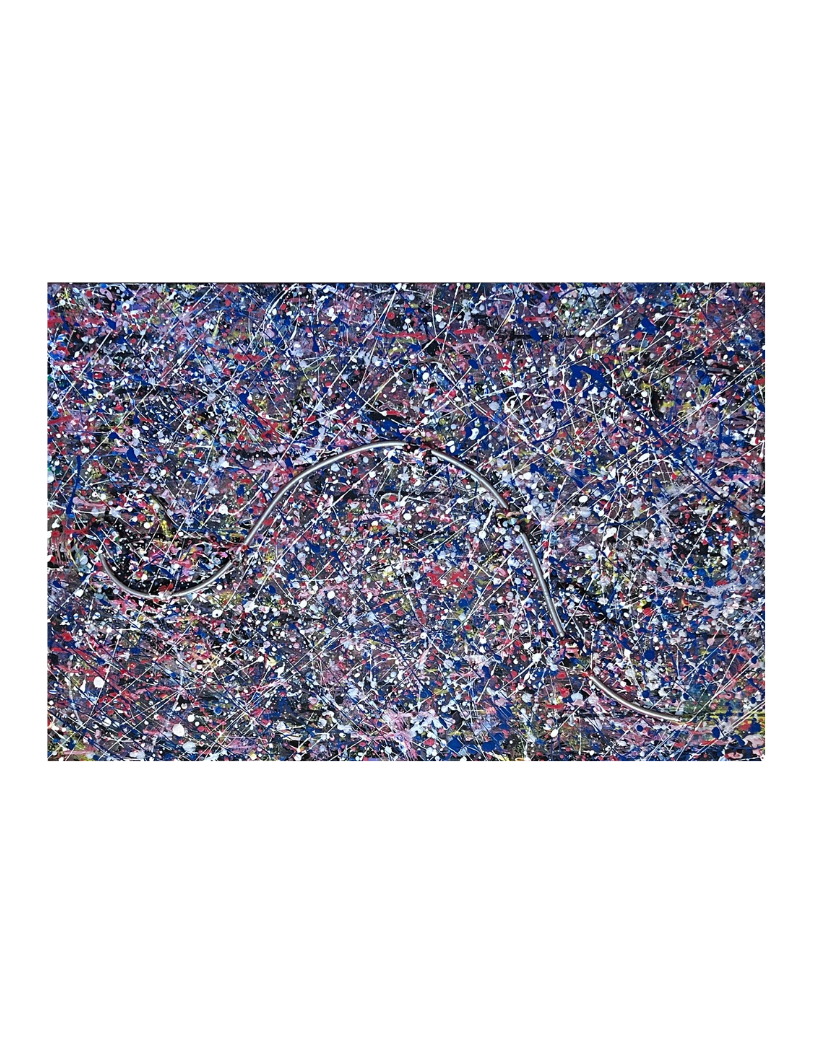 Late Night in the City - textured abstract painting with a dense pattern of multicolored paint splatters and thin lines, featuring metallic wire loops.