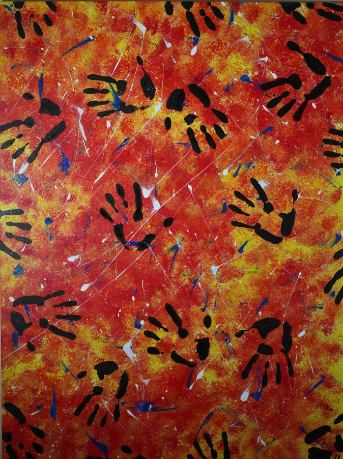 Everyone loves pizza - Abstract painting with a red and yellow background and black handprints