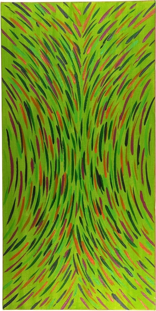 Colors on Green - Abstract painting with a multitude of colorful strokes in a flowing pattern on a green background.