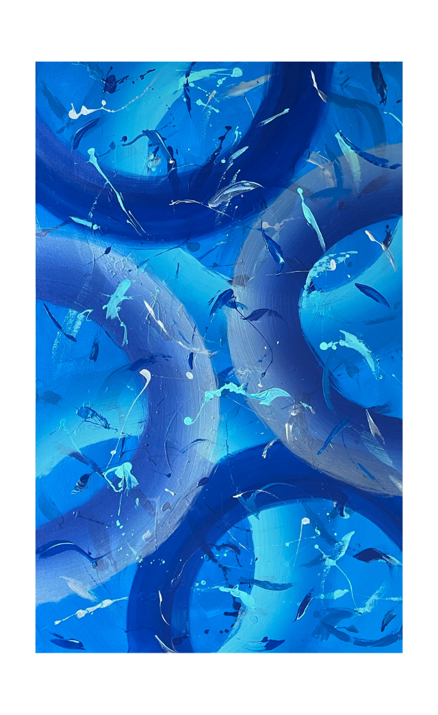 Underwater - Abstract painting with layers of blue splatter and half circles building an underwater seascape