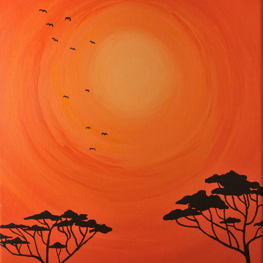 African Sun - Silhouette of trees against an orange sunset with a flock of birds flying in the sky.