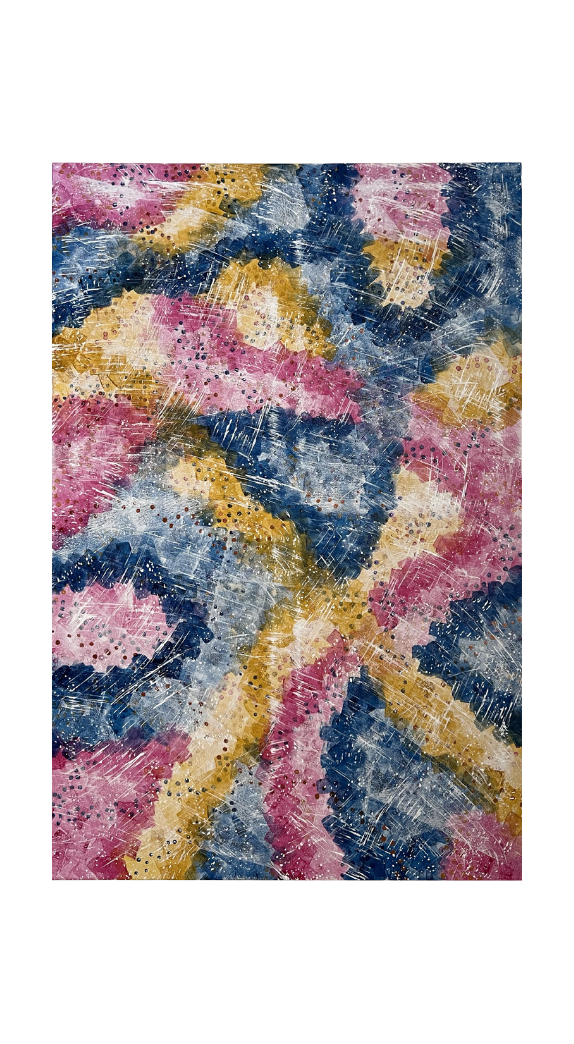 Dreamscape - Abstract painting with sponge patterns forming worm like shapes in blue, pink and yellow
