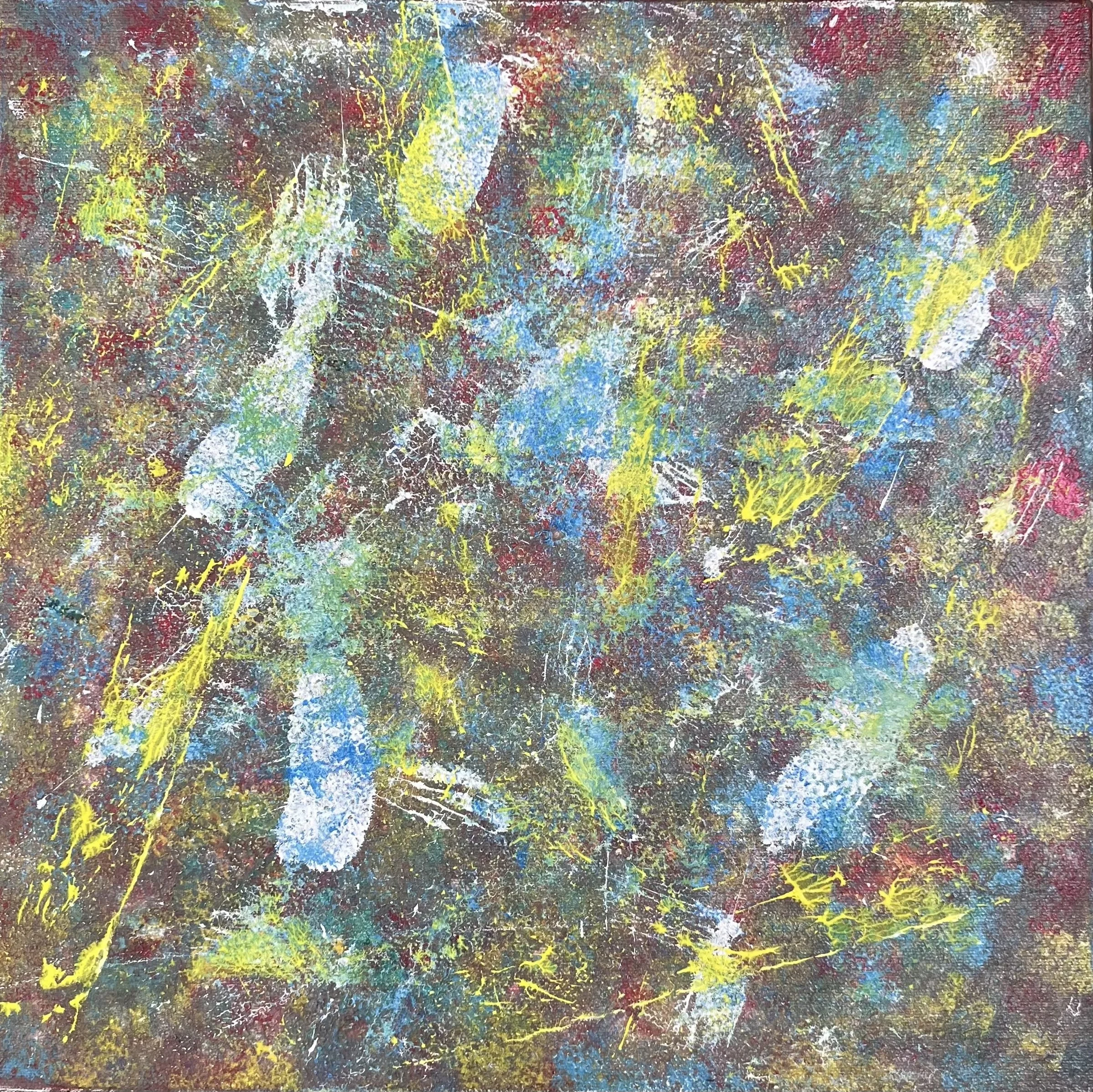 Feathers - Abstract painting with pallet knife strokes in white, blue, yellow and pink on a sponge pattern background.