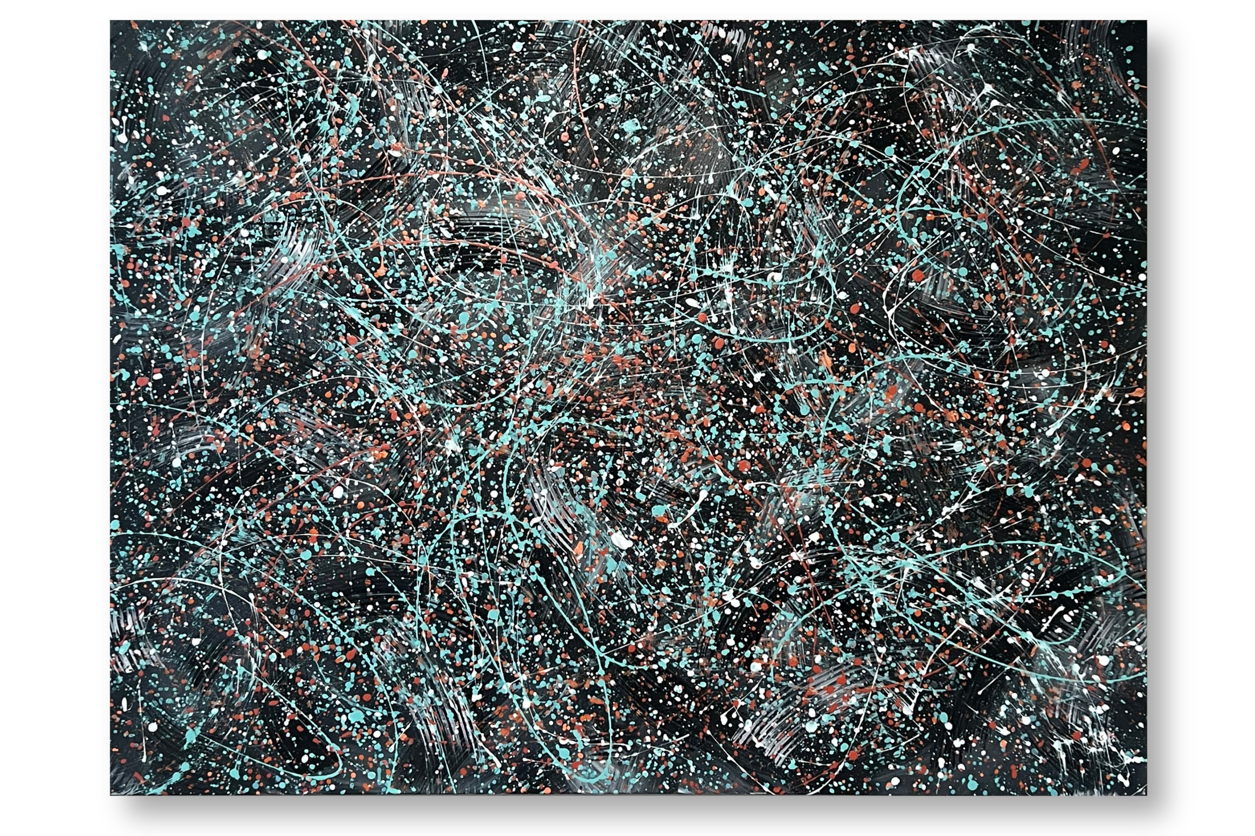 Abstract painting with black background and multicolored splatters and streaks in white, blue, and orange.