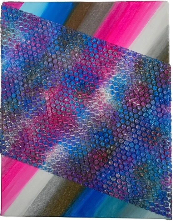 Space Bubbles 2 - Abstract painting with diagonal stripes in shades of pink, white, bronze and blue and bubble wrap colored in the same colors.