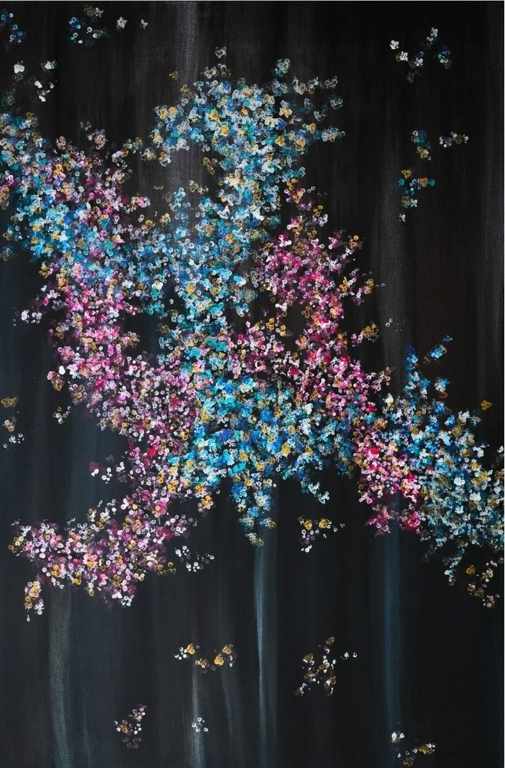 Dragons in Bloom - Tiny dots in shades of blue and pink forming the silhouette of two dragons dancing.