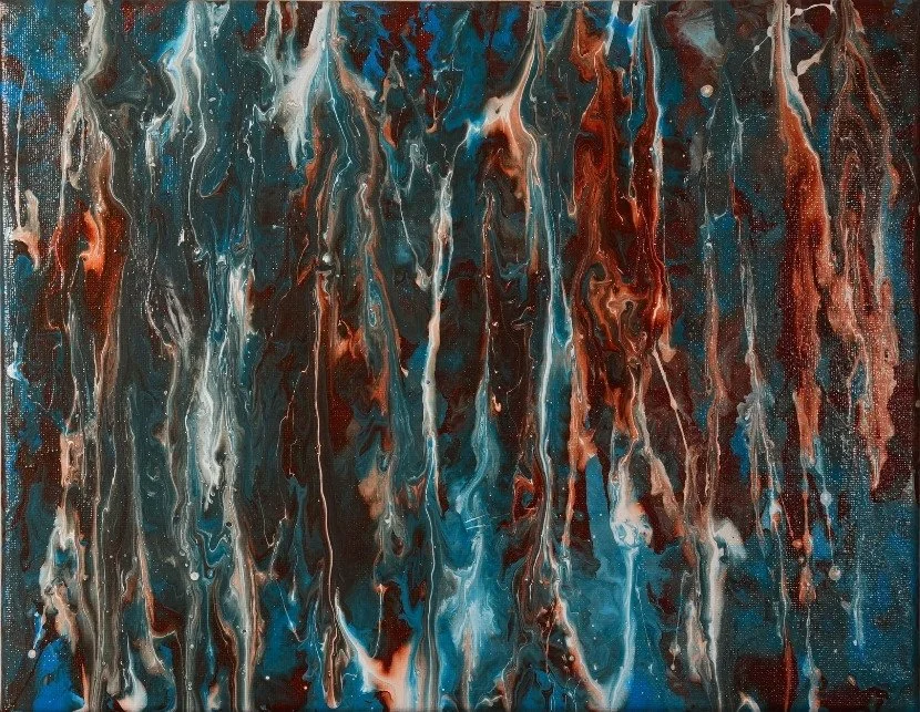 Rusty Window - Fluid art painting with paint crossing the canvas in shades of blue, orange, bronze and white.
