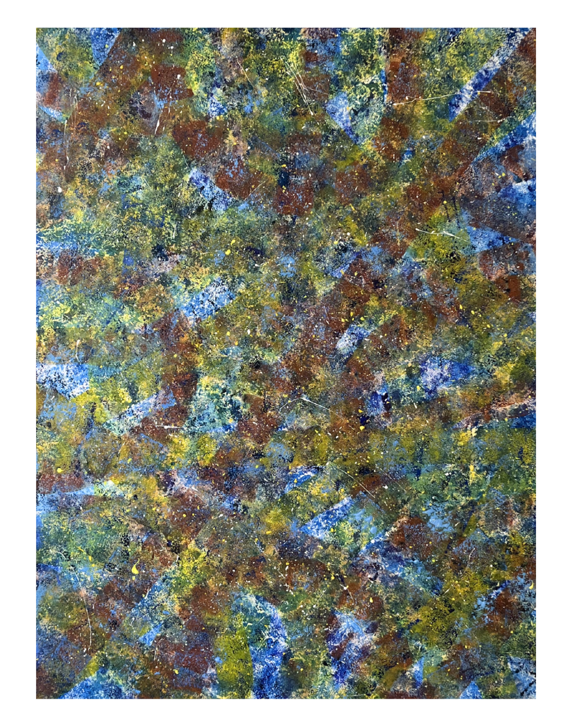 Earth - Abstract painting with sponge work in green, blue, yellow and bronze