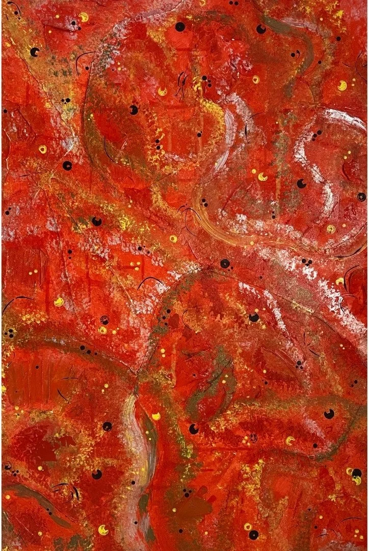 Back on Mars - Abstract painting depicting the surface of mars with 3-dimensional elements in shades of red and gold.