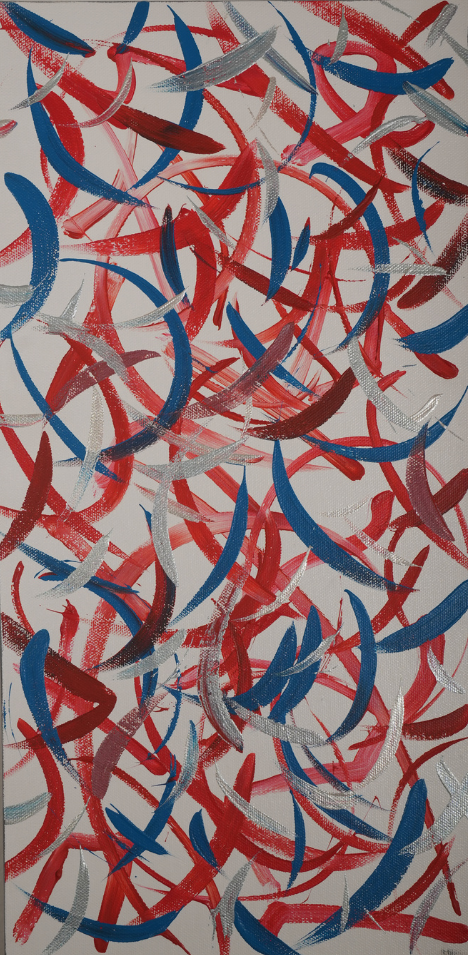 Fourth of July - Painting with strokes of red, pink, and blue on a white background
