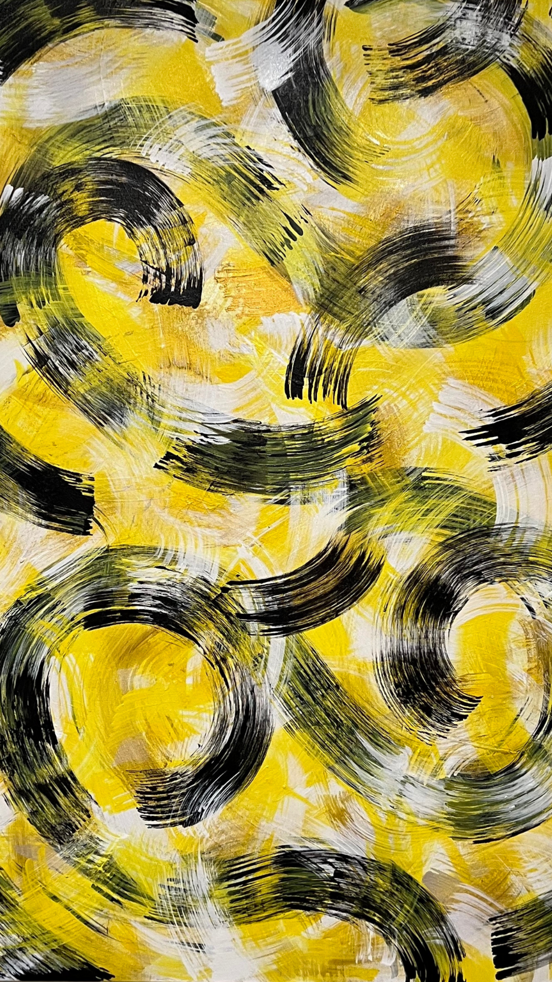 Dancers - Abstract painting with yellow, black, and white brushstrokes forming circular and sweeping patterns like footsteps of dancers.